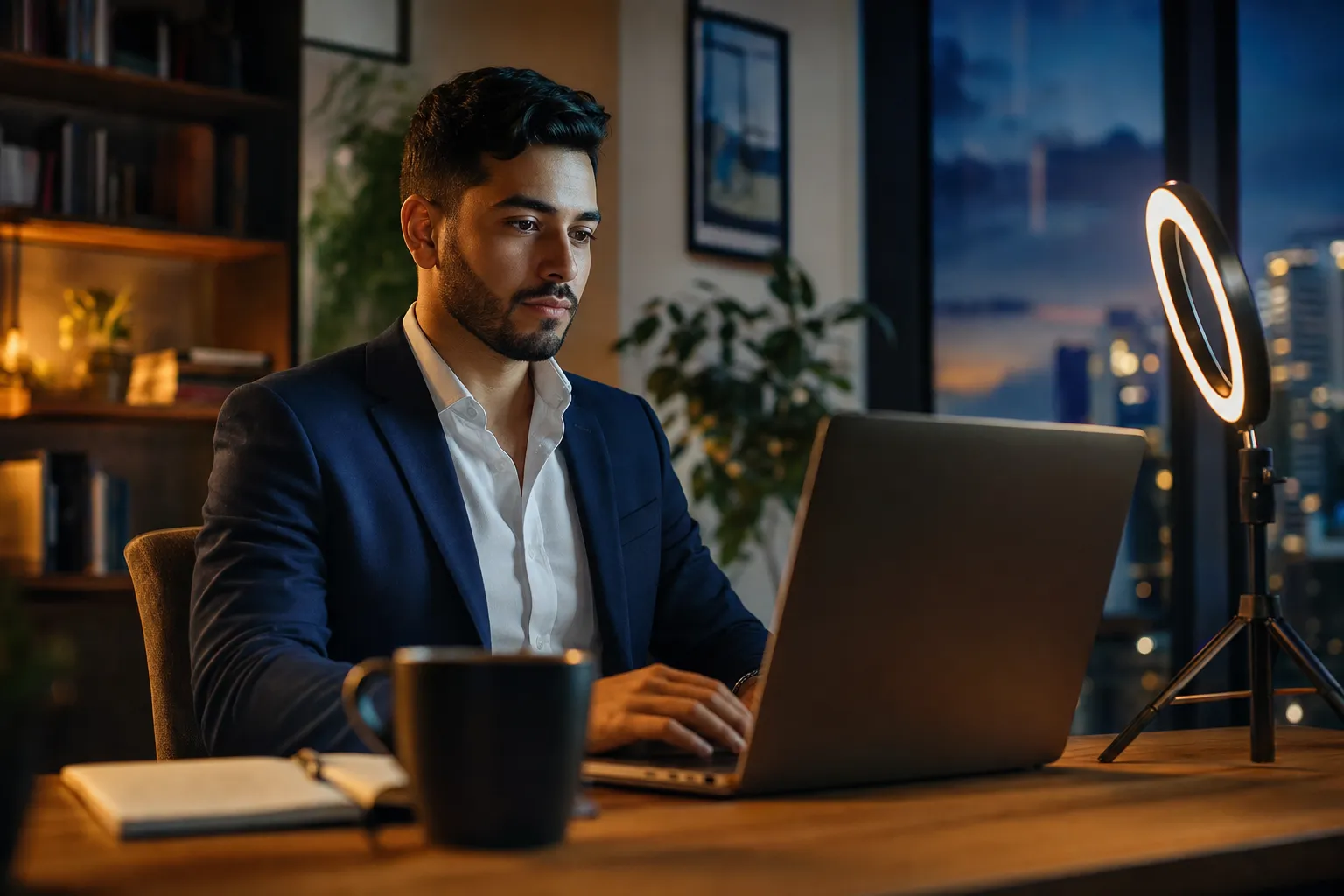 Une personne en chemise bleue unie en visioconférence à un bureau de télétravail bien éclairé