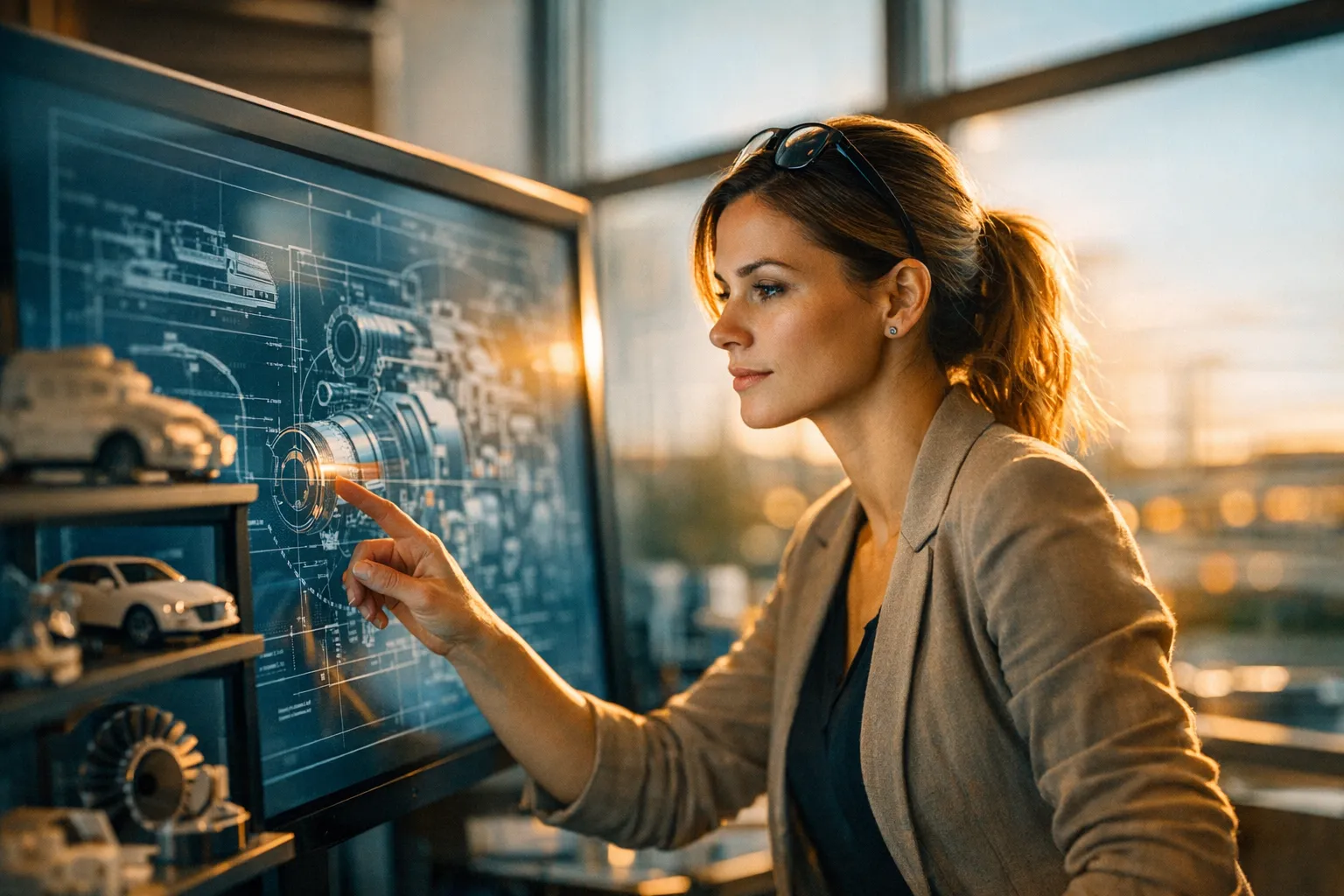 Ingenieurin prüft technische Zeichnungen in einem modernen Ingenieurbüro