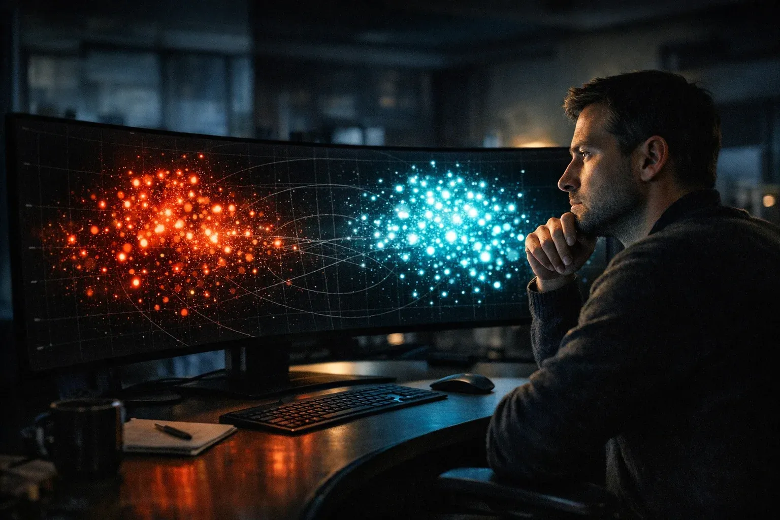 Data analyst in a dark research office illuminated by a large monitor showing a heat-map visualization of job sectors in glowing cyan and red