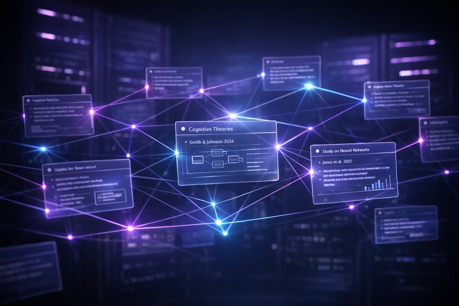 Futuristic digital Zettelkasten with holographic index cards floating in front of server racks, connected by glowing purple and blue lines forming a knowledge graph