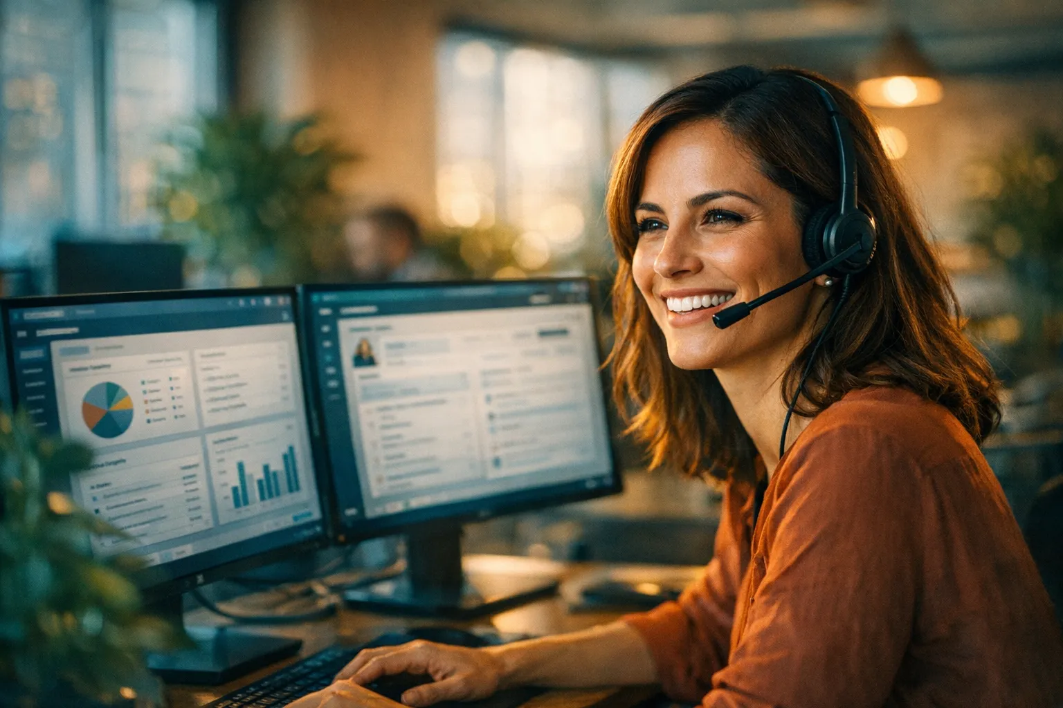 Agente de atención al cliente con auriculares en una oficina moderna, sonriendo mientras atiende a un cliente