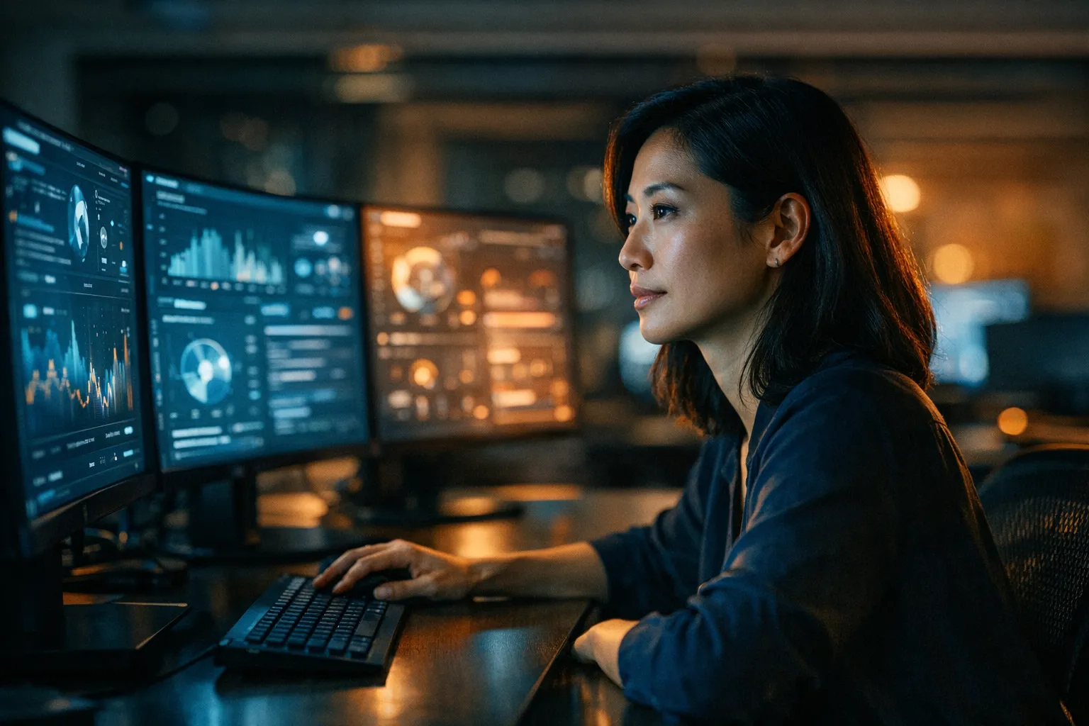 Professional working at a modern desk with multiple screens showing data and AI interfaces, focused expression