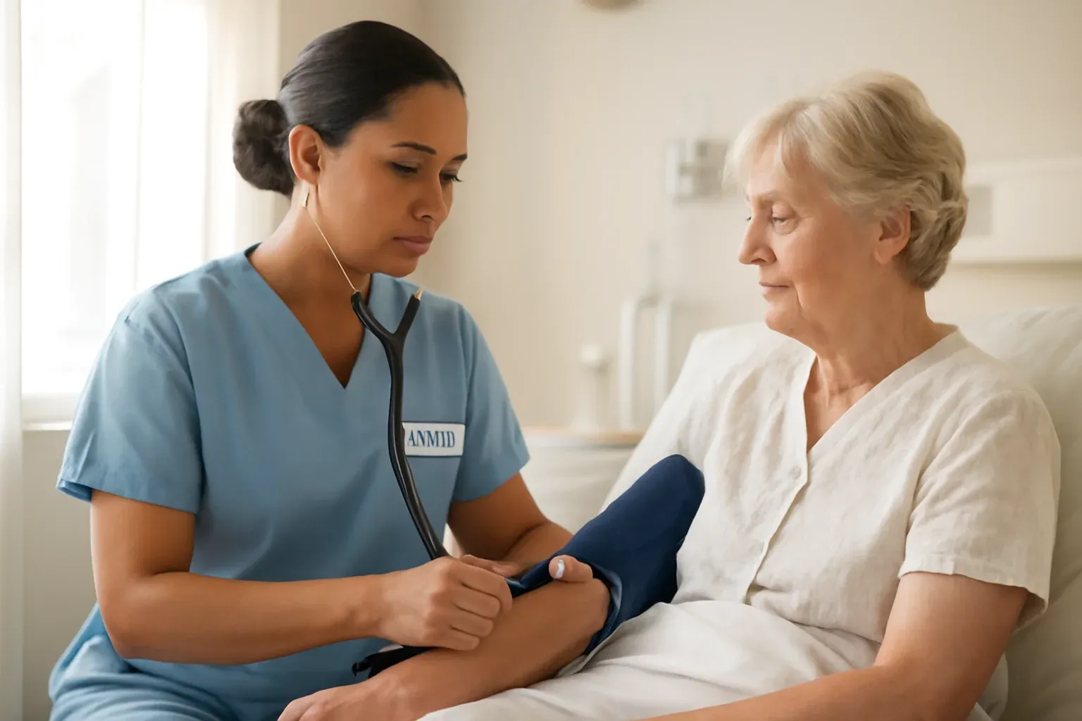 Auxiliar de enfermeria atendiendo a un paciente en un centro sanitario