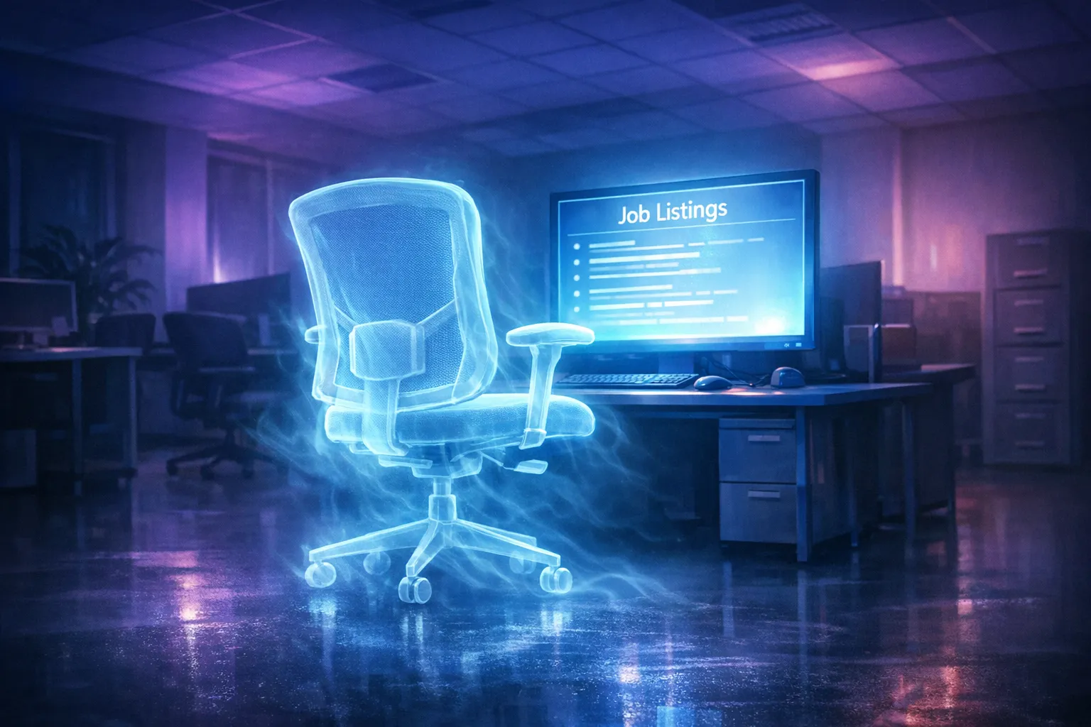 Translucent ghostly figure of a business professional dissolving into light particles while reaching for a laptop showing a job listing