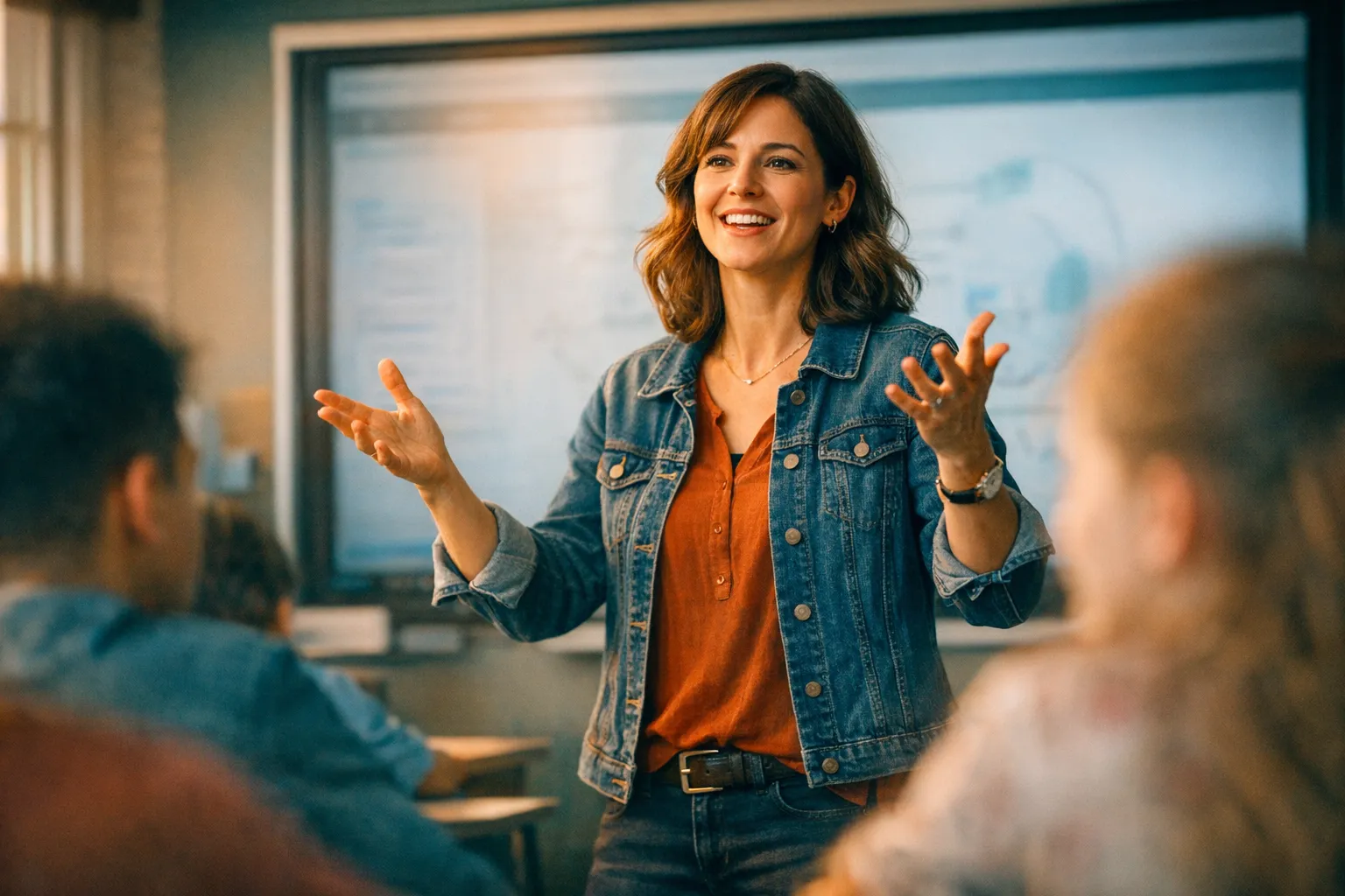Dedicated teacher engaging students in an interactive classroom lesson