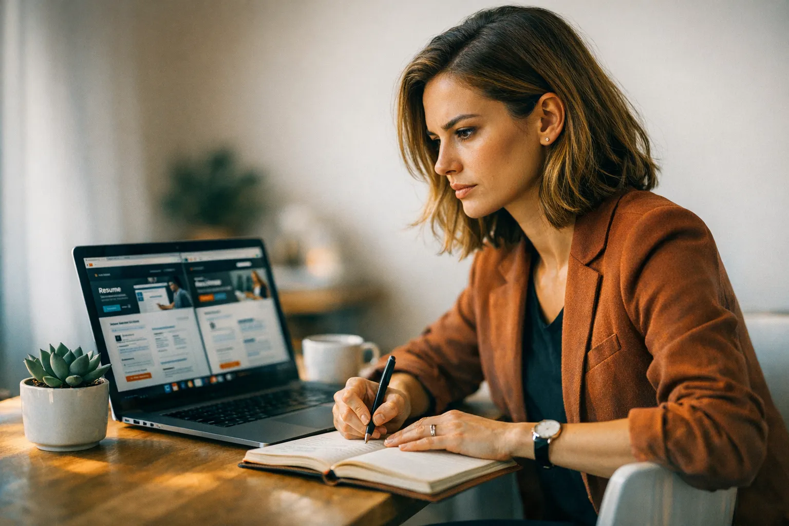 Professionelle Person vergleicht Lebenslauf-Ersteller am Laptop