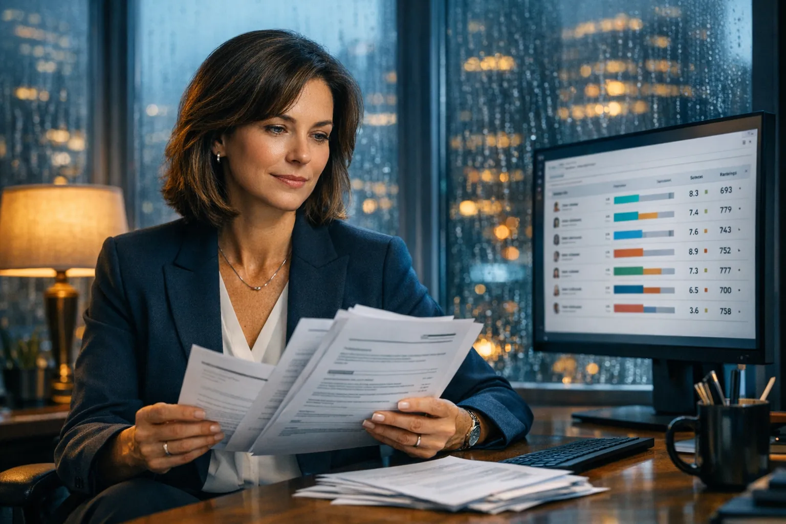 Reclutadora revisando en su monitor los CV que pasaron el filtro ATS