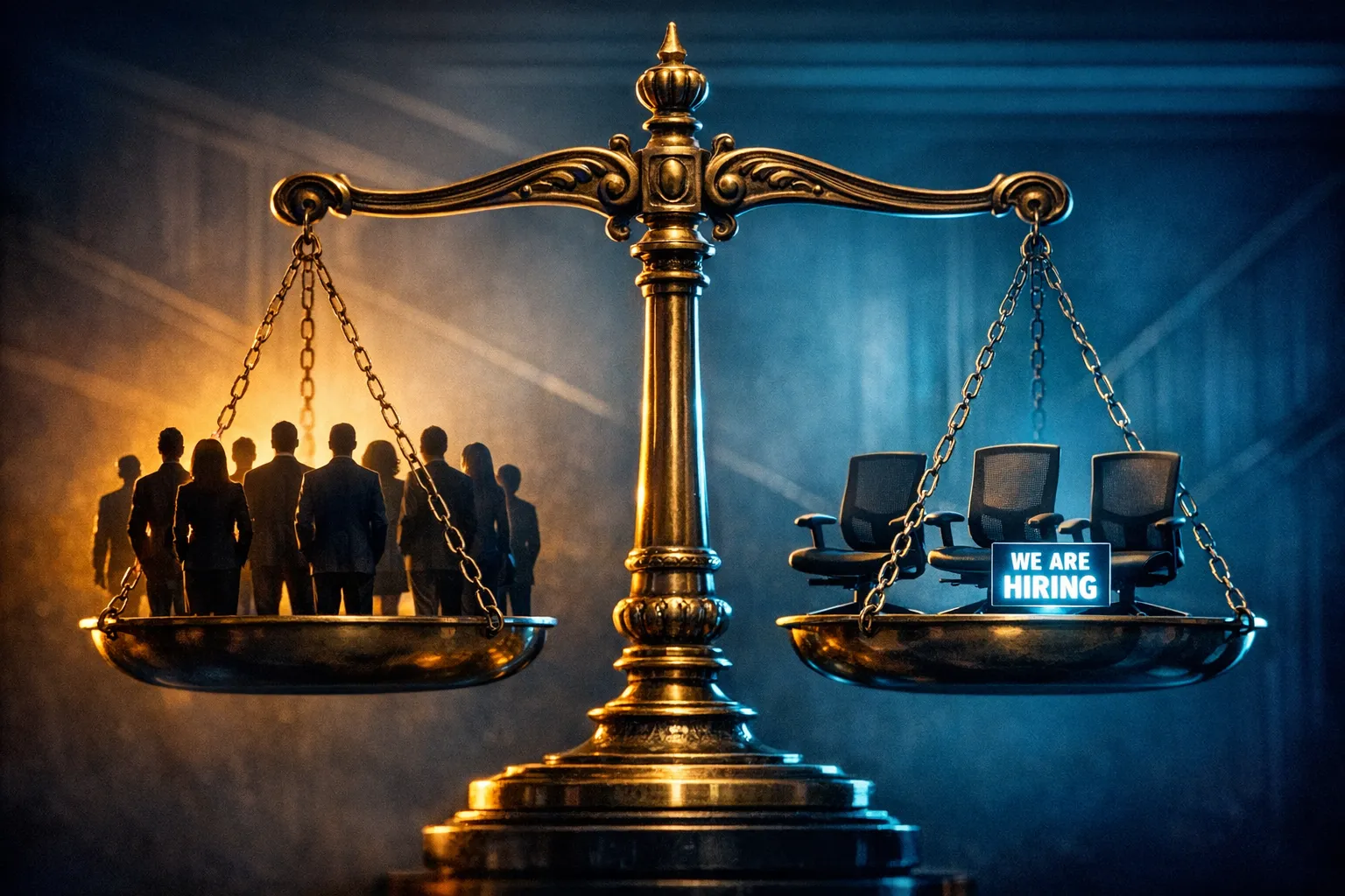 A brass balance scale holds job seekers on the left and empty office chairs on the right, both sides equally heavy, set against a deep navy background with cyan accent lighting