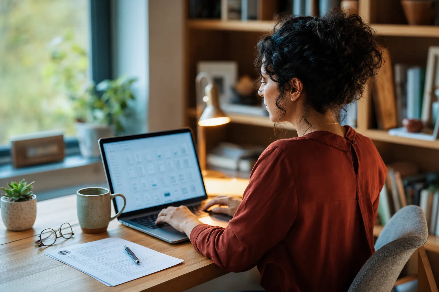 Job seeker at a bright desk organizing resume files in a cloud folder on a laptop