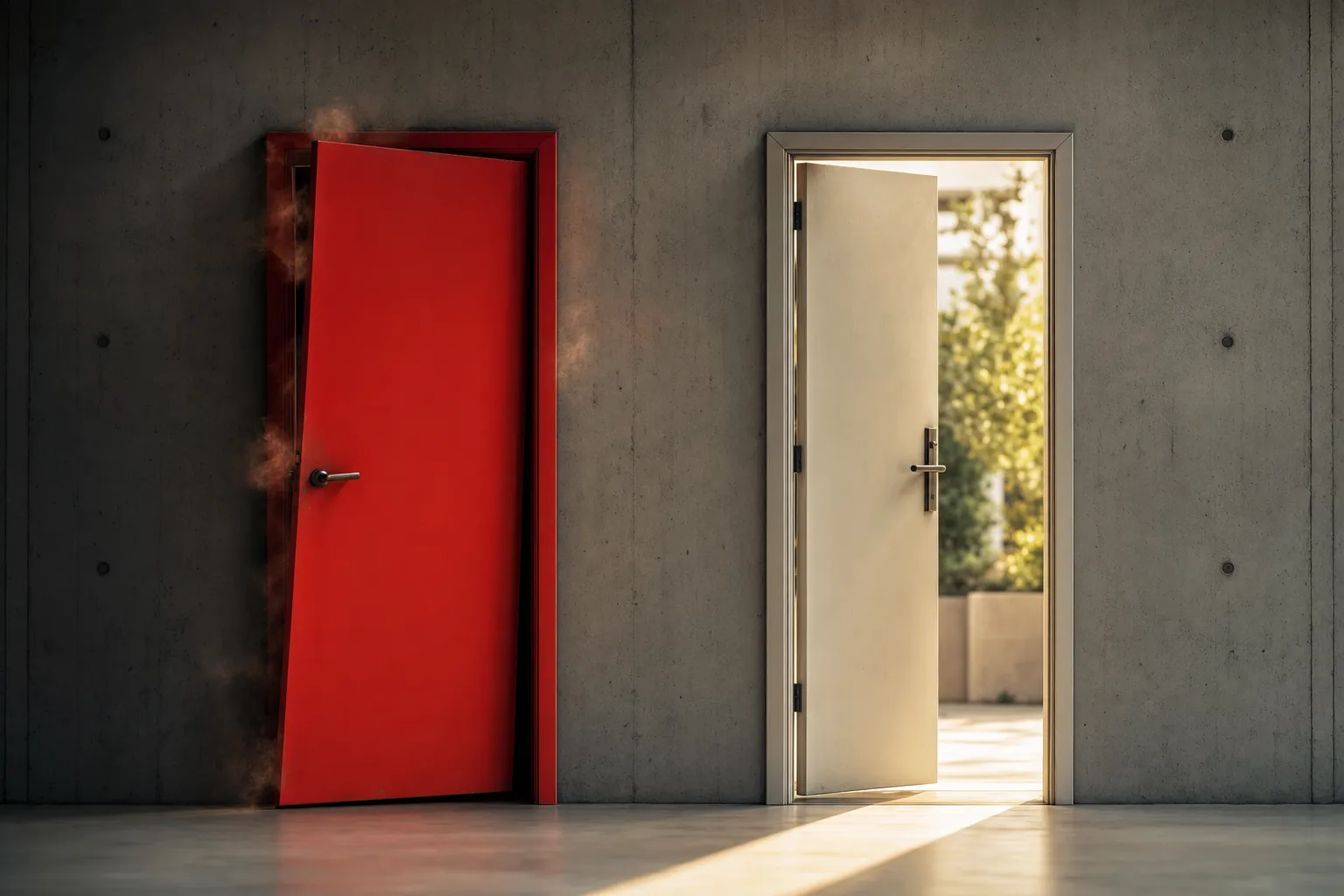 Dos puertas, una roja cerrada de golpe que simboliza la renuncia por venganza ruidosa y otra abierta con luz que representa la salida inteligente y planificada