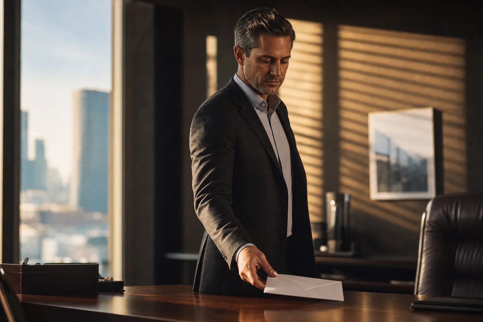A signed resignation letter and a pen resting on a tidy office desk beside a laptop