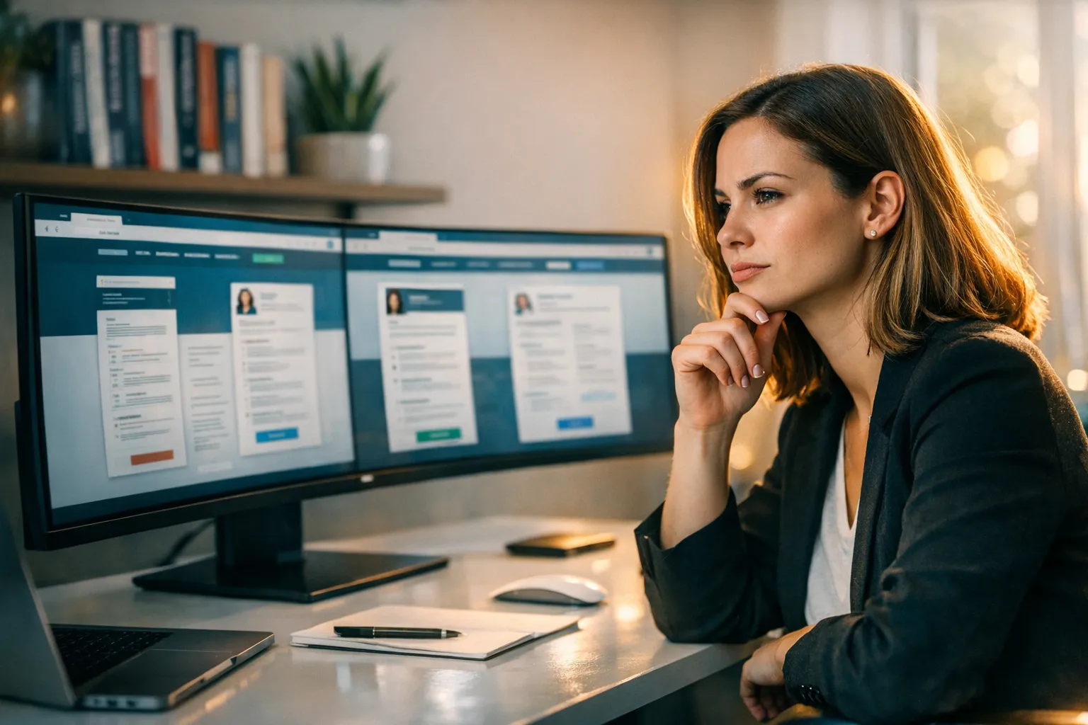 Professionnelle comparant des outils de creation de CV sur un ordinateur portable dans un bureau moderne