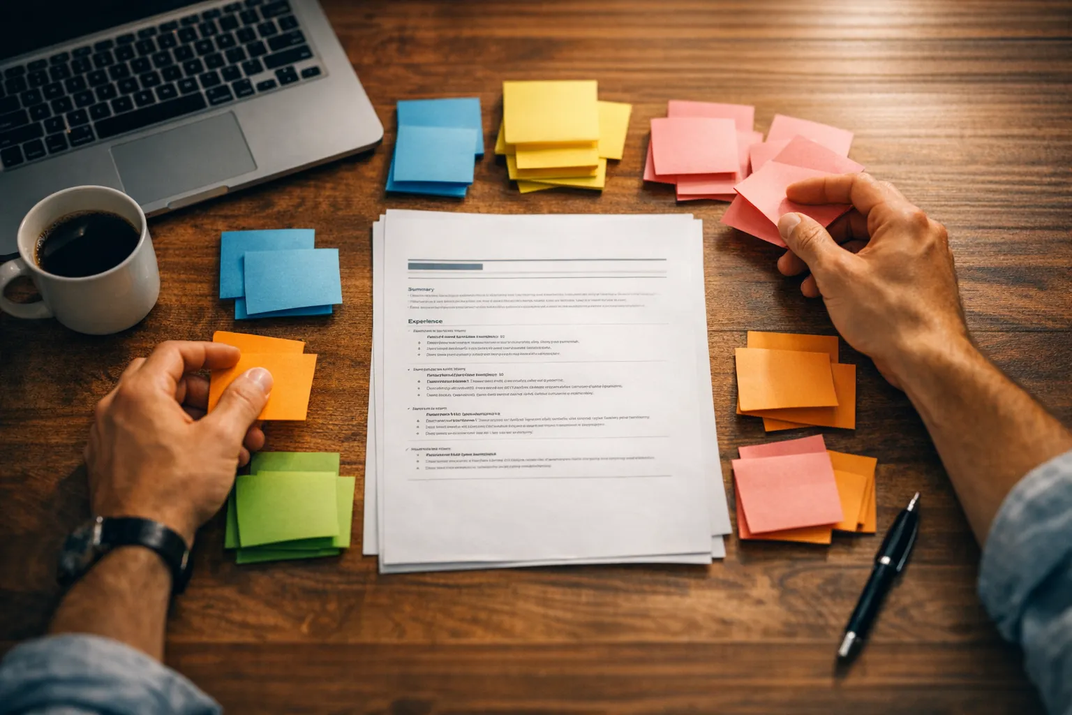 Professionnel organisant des fiches de compétences sur un bureau en préparant son CV