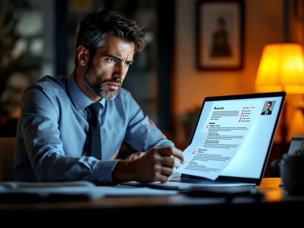 Un professionnel examine un CV avec une expression préoccupée, réfléchissant à comment ResuFit pourrait optimiser sa candidature.
