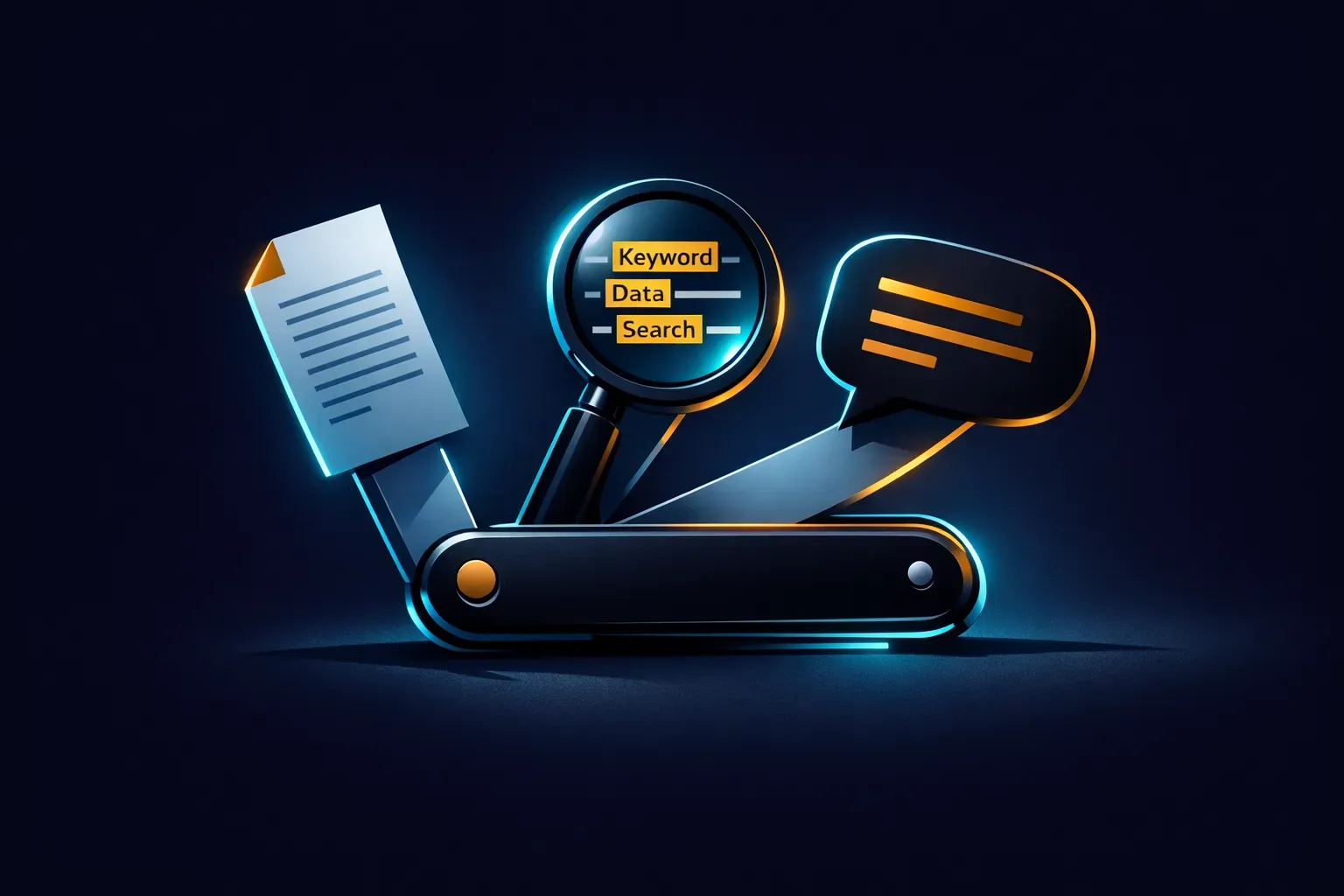 Navaja suiza con hojas que se despliegan en herramientas de carrera: un documento de currículum, una lupa de palabras clave y una burbuja de diálogo de entrevista