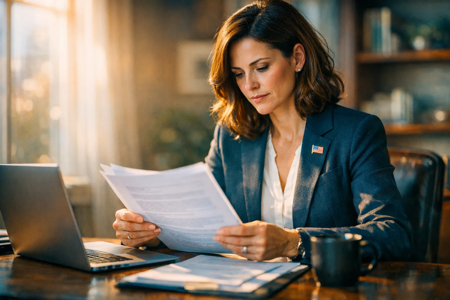 Opositor preparando su documentacion para una convocatoria publica en un escritorio ordenado