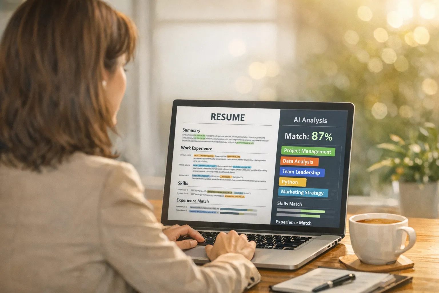 Mujer profesional frente a un portátil revisando un currículum con análisis de IA mostrando puntuación de coincidencia y palabras clave resaltadas
