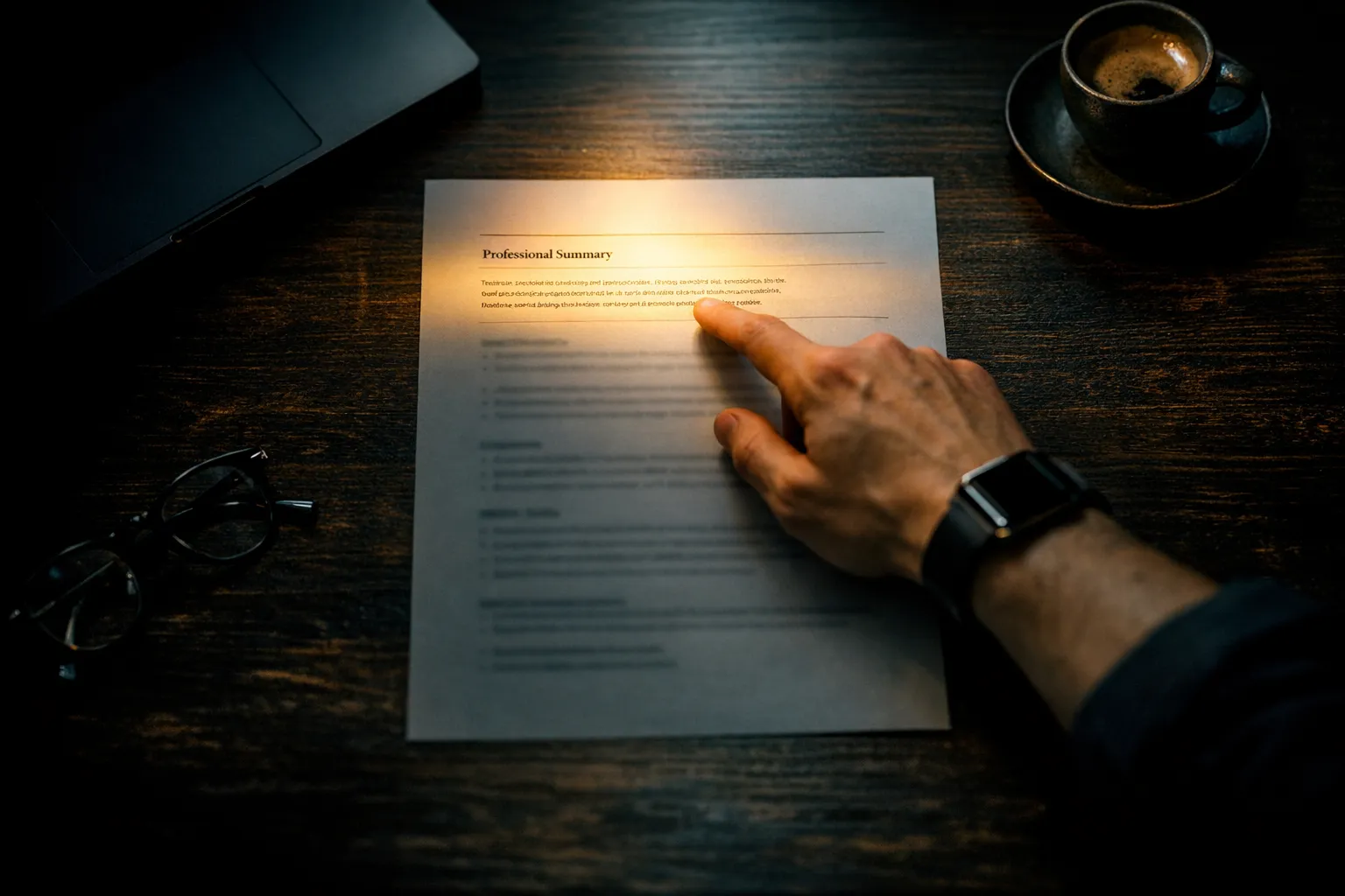A recruiter scanning a resume on a desk with warm light, focusing intently on the top section of the document