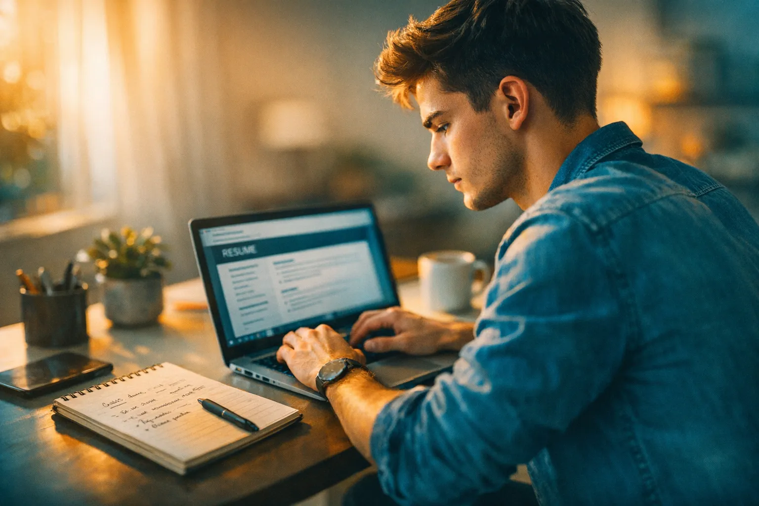 Candidat rédigeant l'accroche de son CV à un bureau