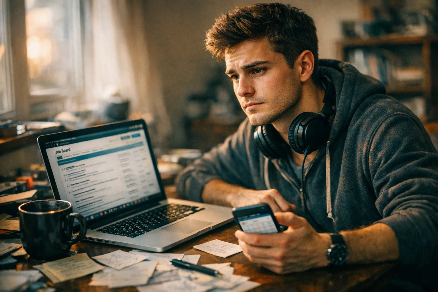 Job seeker using Indeed resume builder on laptop at home office desk