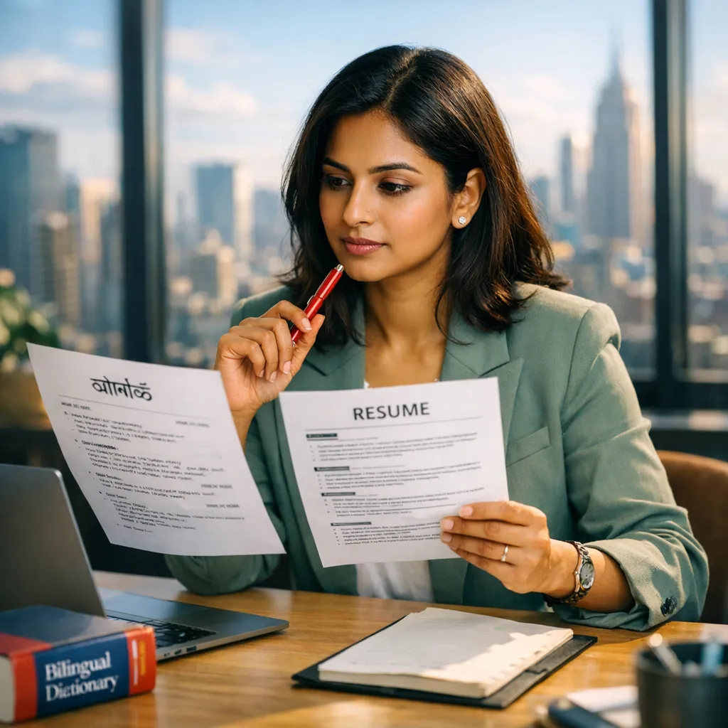 Bilingual professional reviewing an English-language resume