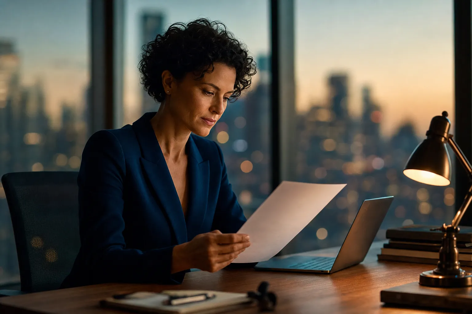 Hiring manager reading a clean single-column resume printout at a desk beside a laptop