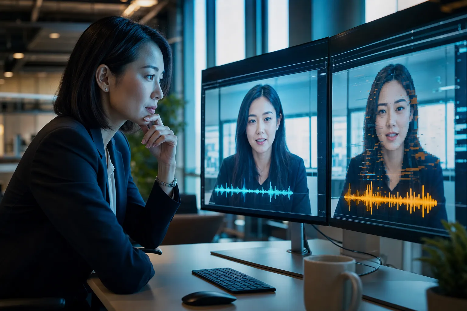 HR manager at desk reviewing two screens — one showing a legitimate video interview, the other flagging deepfake artifacts in a candidate's face