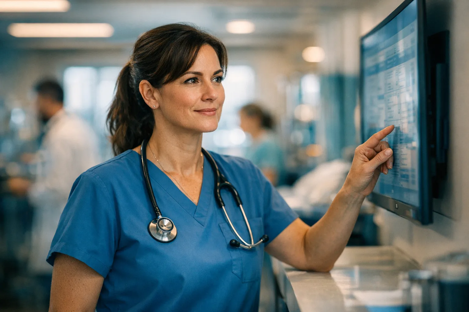 Enfermera experimentada revisando historiales clinicos en un puesto de enfermeria hospitalario