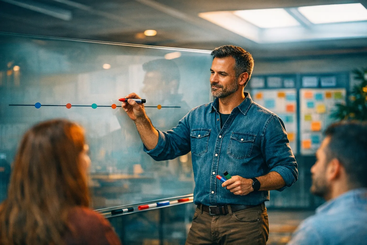Director de proyectos liderando una reunión de equipo con la línea temporal del proyecto en pantalla