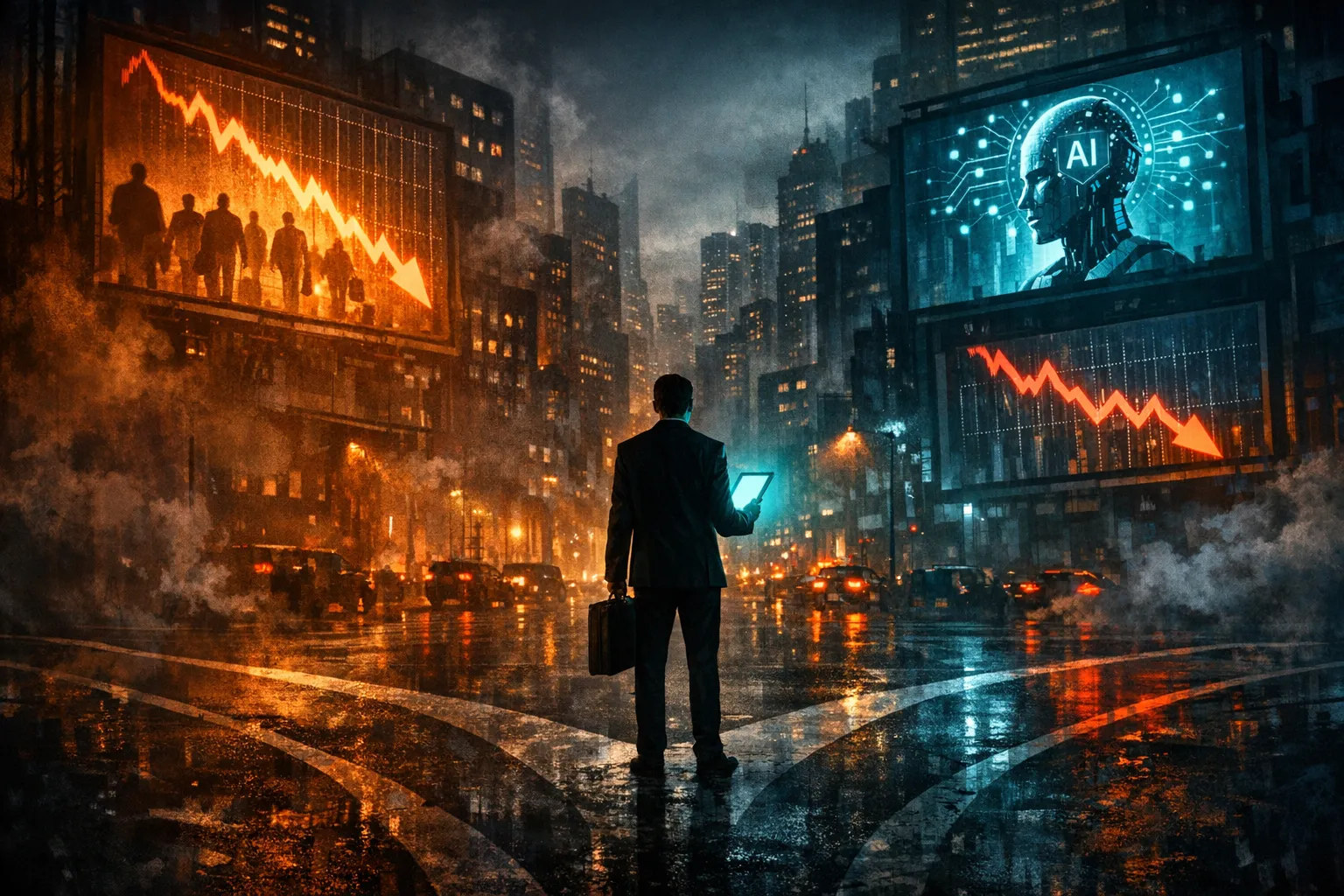 Ein Jobsuchender steht an einer Kreuzung in einer futuristischen Stadtlandschaft, mit digitalen Bildschirmen die Schlagzeilen zu Einstellungen und Entlassungen zeigen