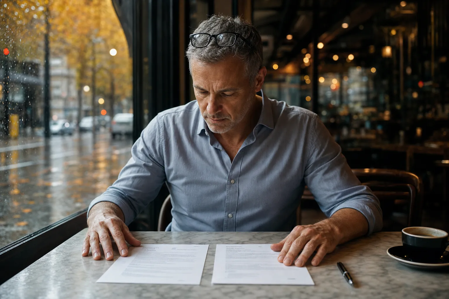A mid-career professional at a desk comparing two versions of the same resume