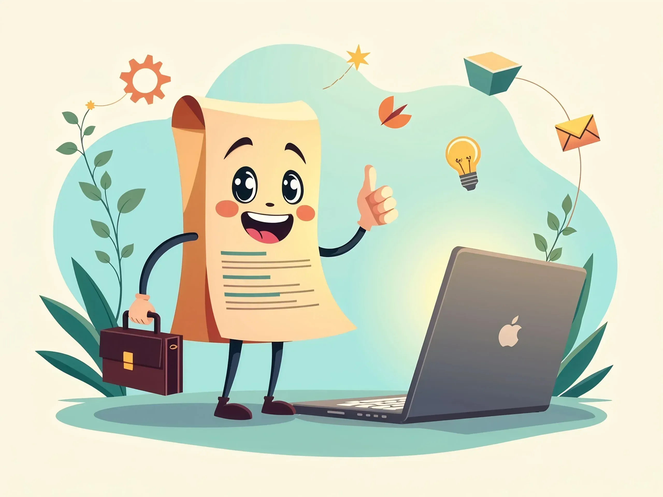 Una ilustración cálida y acogedora de un personaje de currículum de papel sonriente con ojos amigables de dibujo animado.