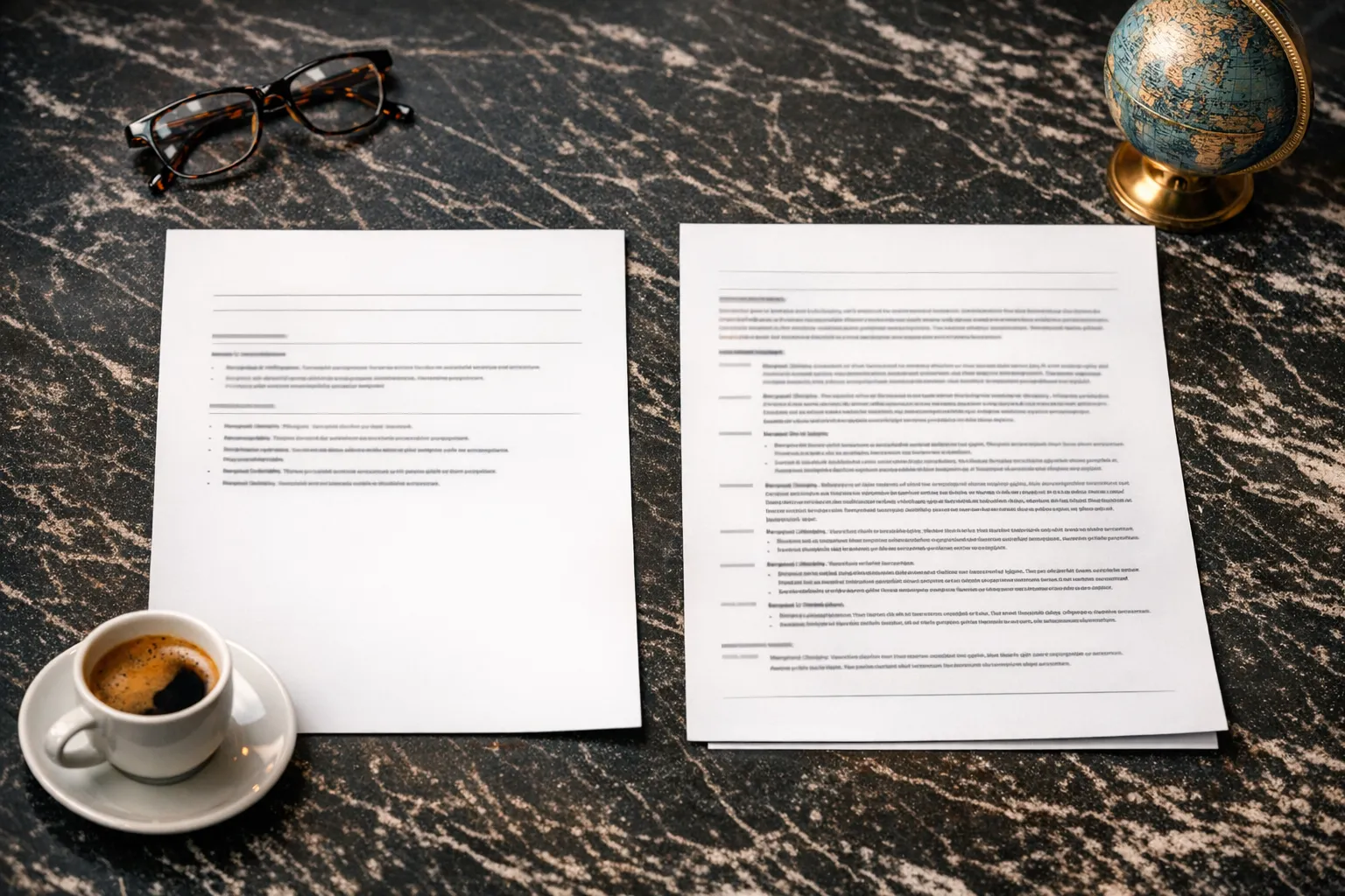 Dos documentos profesionales uno al lado del otro sobre un escritorio mostrando formatos de CV y resume