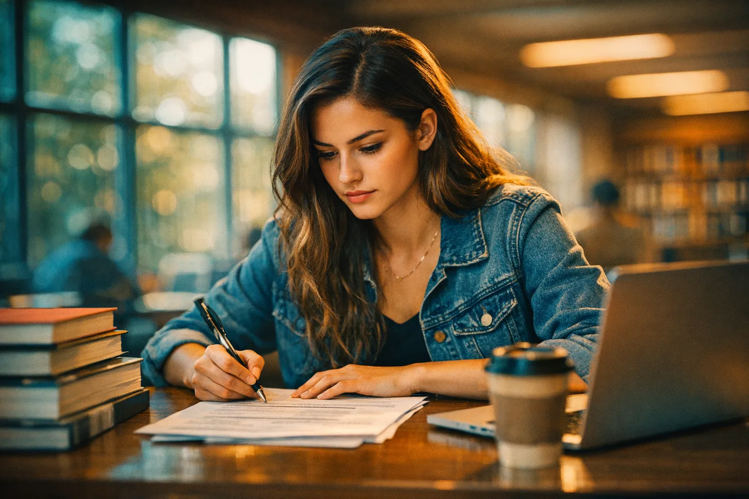 Étudiante travaillant sur son CV dans une bibliothèque universitaire