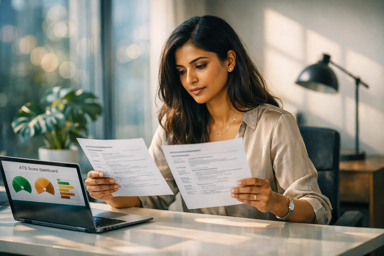 Un professionnel examinant des variations de CV générées par IA sur un écran d'ordinateur portable dans un bureau moderne