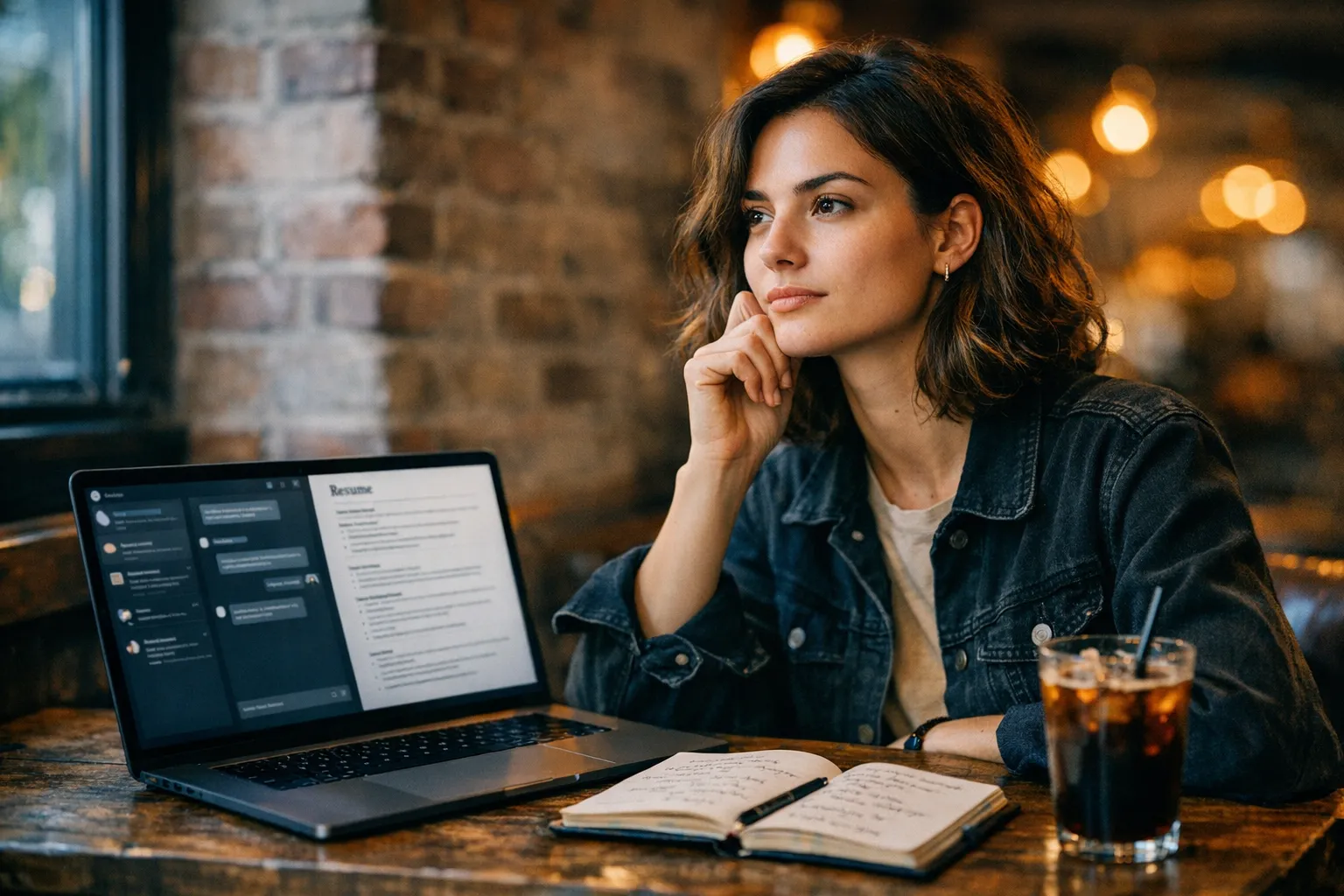Person using AI chatbot on laptop to draft a resume in a modern workspace