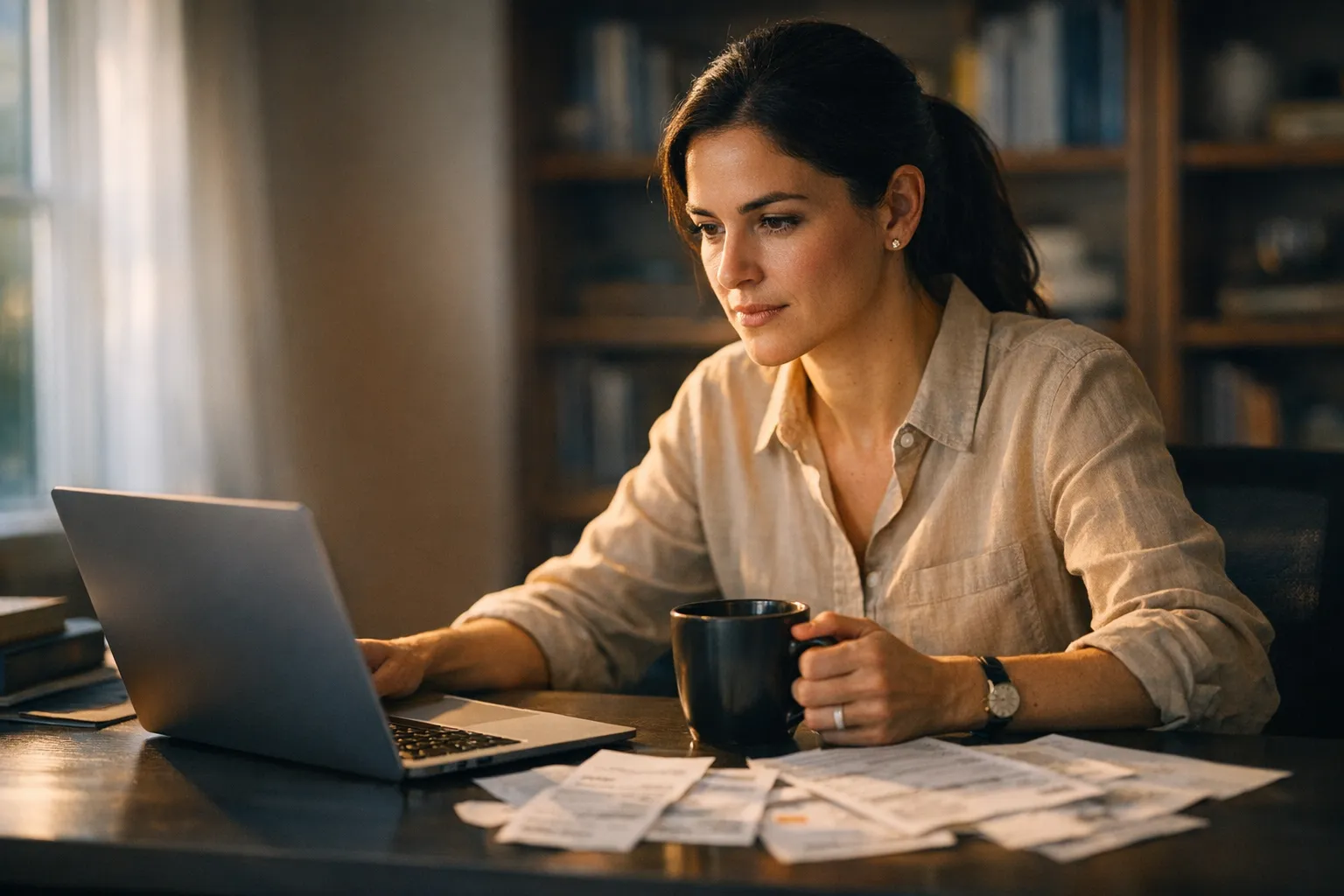 Person reviewing tax documents and job search receipts at a desk with a laptop, are job search expenses tax deductible