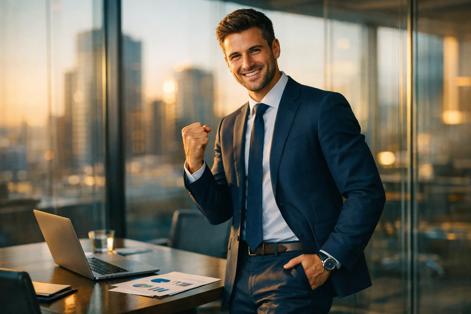 Sales professional closing a deal on a phone call in a modern office