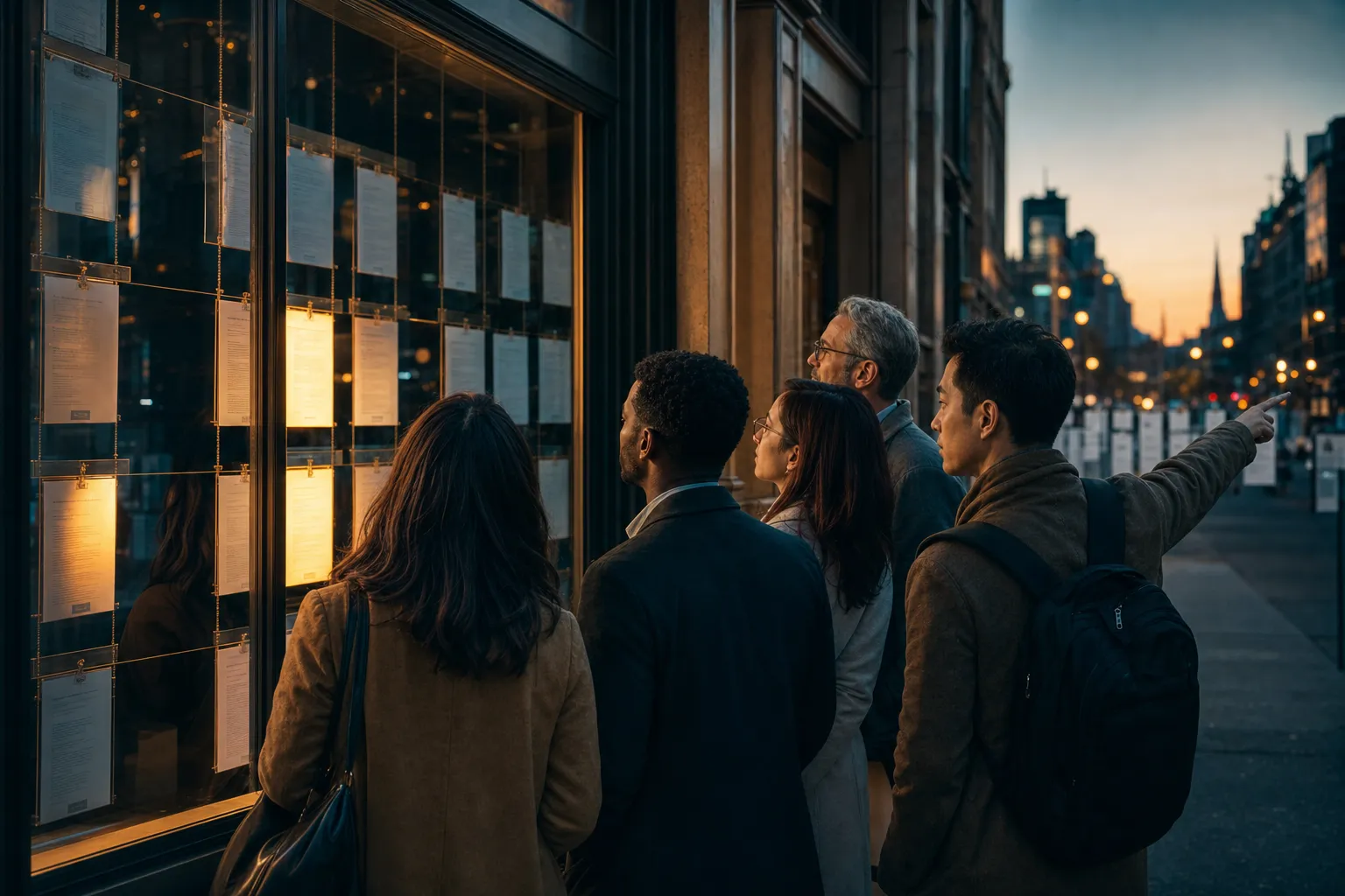 A diverse group of job seekers stands outside a lit shop window filled with hanging job-listing cards, some brightly highlighted as sponsored, while the wider street behind holds many more unlit openings