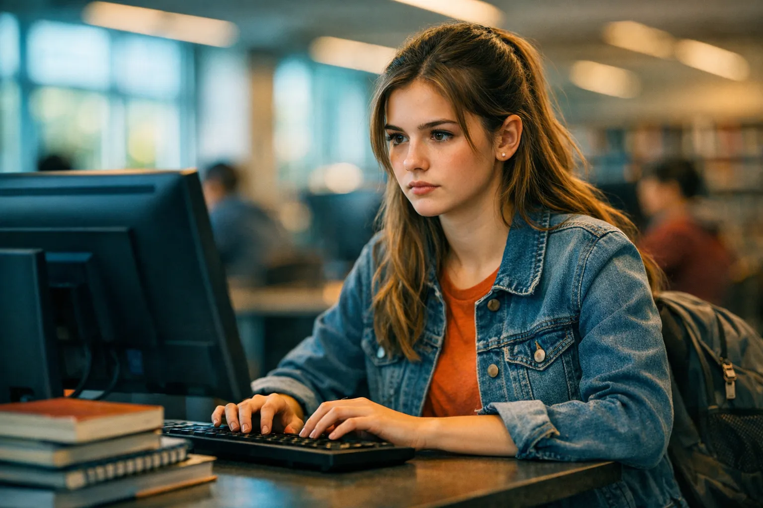 Estudiante de bachillerato trabajando en su primer curriculum en un ordenador en la biblioteca