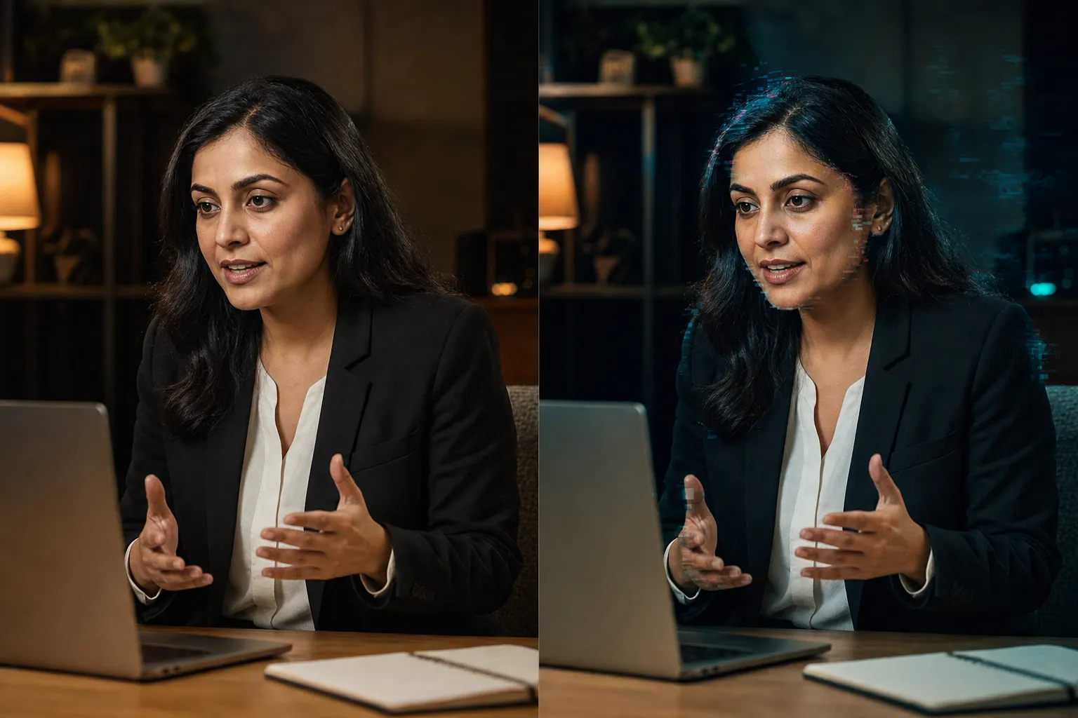 Split-screen showing a professional video job interview on the left and a glitching deepfake version of the same scene on the right