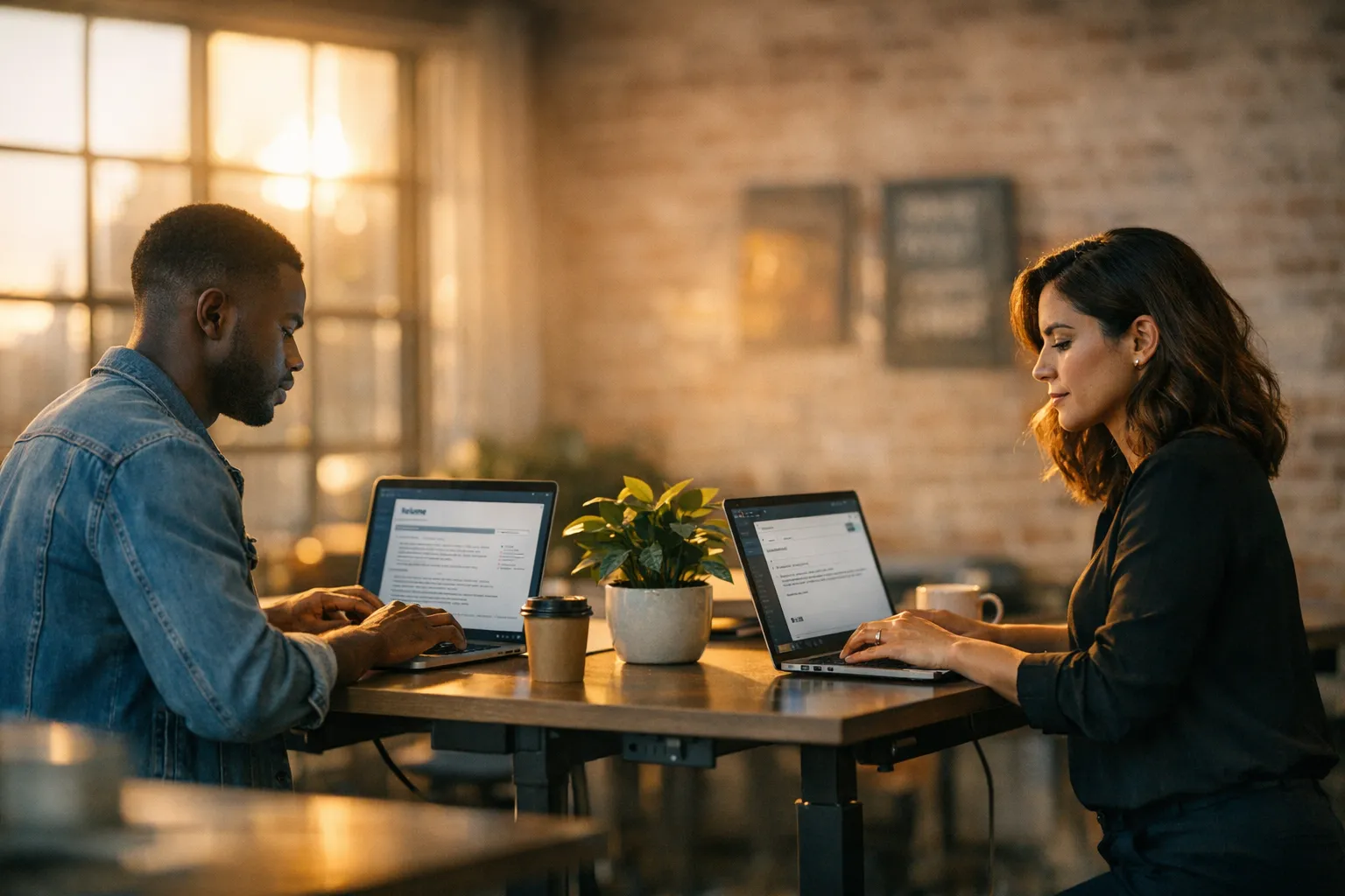 Deux professionnels à des bureaux adjacents, l'un révisant un CV et l'autre rédigeant un e-mail de prospection