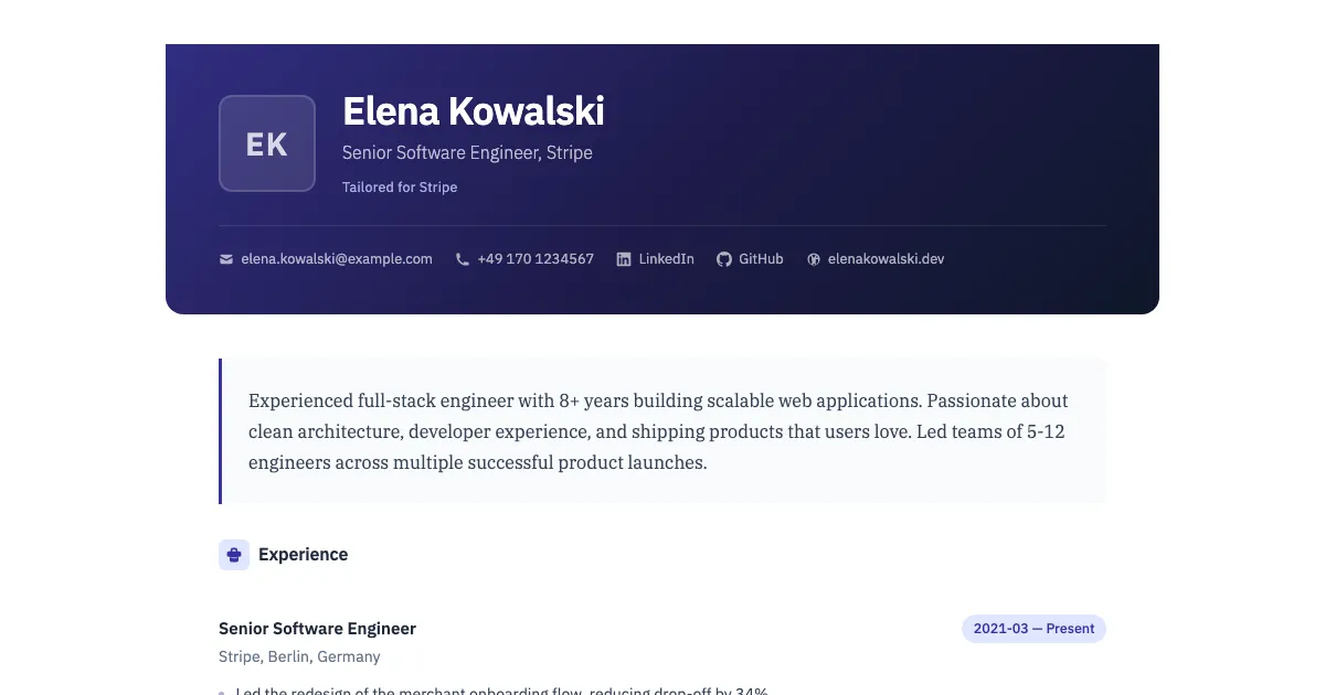 Example application website in the Standard theme