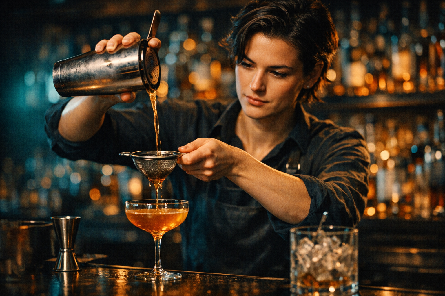 Bartender experto preparando un coctel en un bar exclusivo