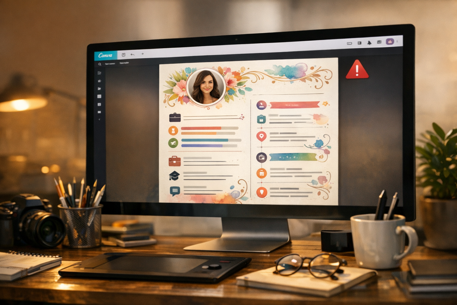 Disenadora creando un curriculum visualmente impresionante en Canva en una pantalla grande