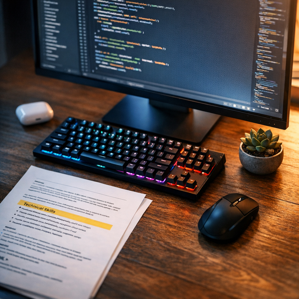 Modern workspace showing various technology tools and a resume