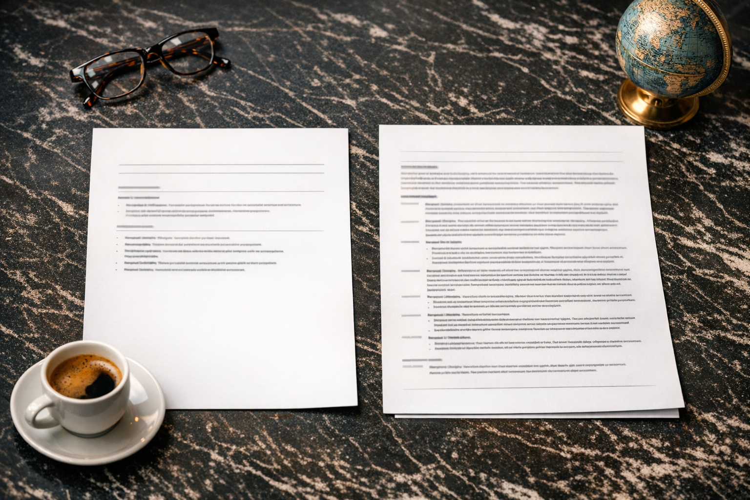 Dos documentos profesionales uno al lado del otro sobre un escritorio mostrando formatos de CV y resume