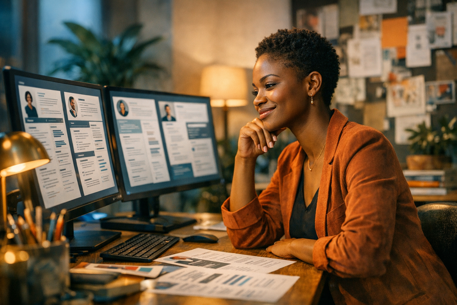 Designer revisando modelos de currículo em uma tela grande em um estúdio criativo
