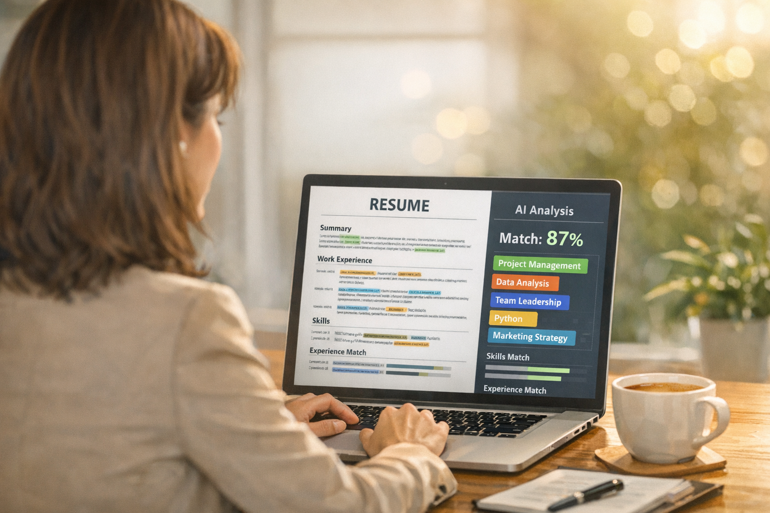 Mulher profissional em frente a um notebook revisando um currículo com análise de IA mostrando pontuação de correspondência e palavras-chave destacadas