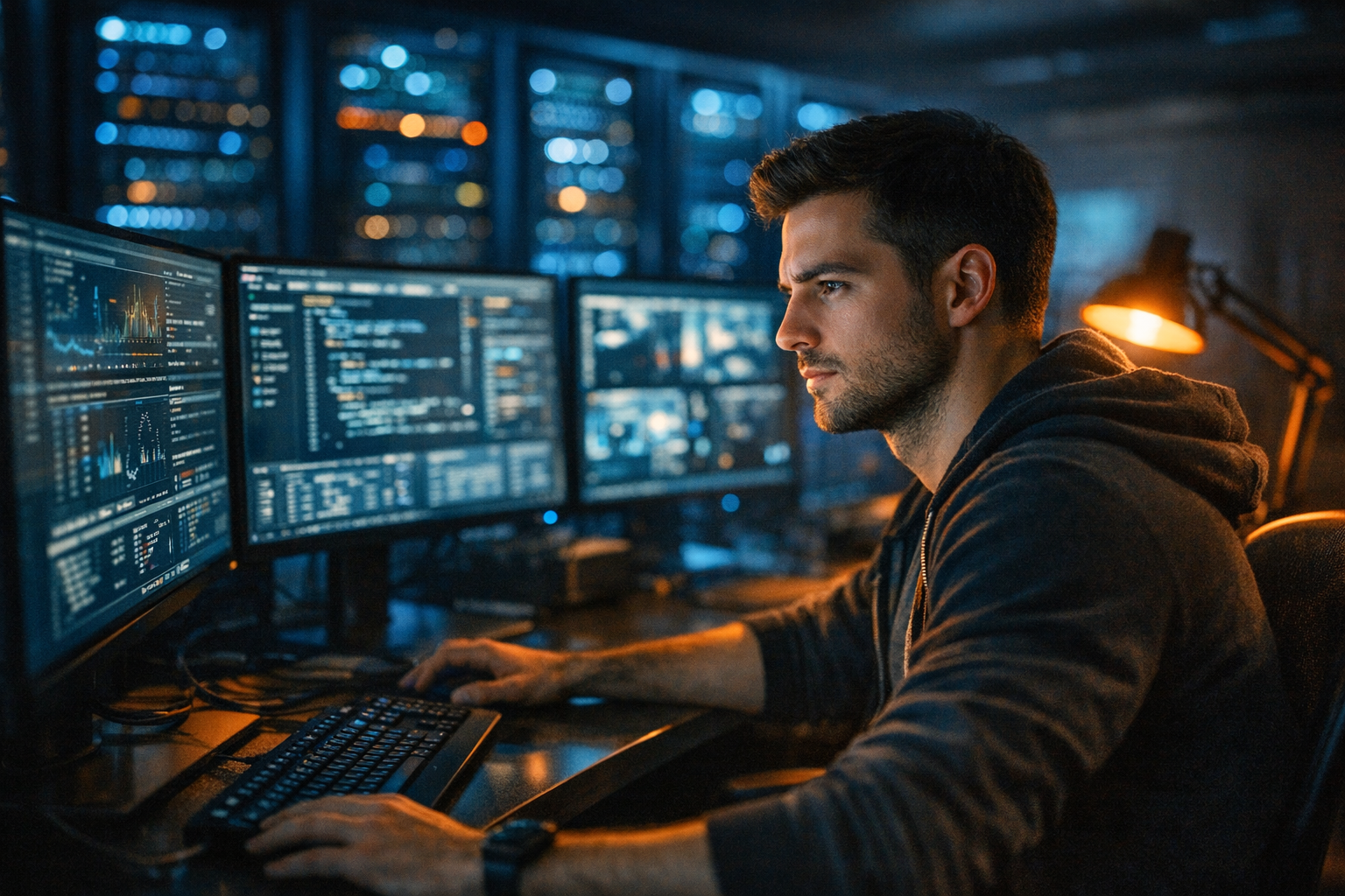Profesional informático monitorizando infraestructura de servidores en un centro de datos moderno